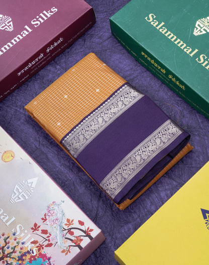 Mustard Yellow Small Checks Semi Silk Saree With Contrast Dark Purple Traditional Gap Border