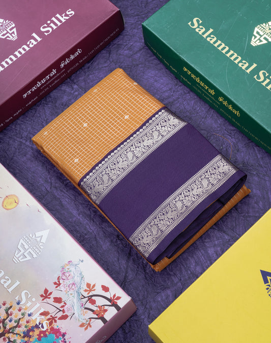 Mustard Yellow Small Checks Semi Silk Saree With Contrast Dark Purple Traditional Gap Border