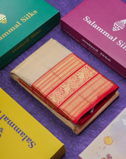 Beautiful Beige Tissue Bridal Pure Kanjivaram Silk Saree With Contrast Chilly Red Traditional Border