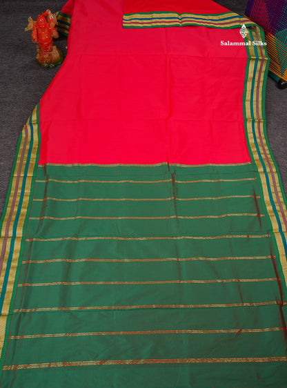 Semi Silk Saree - Chilly Red Colour Body Plain With Contrast Green Traditional Border | 10.5 Yards