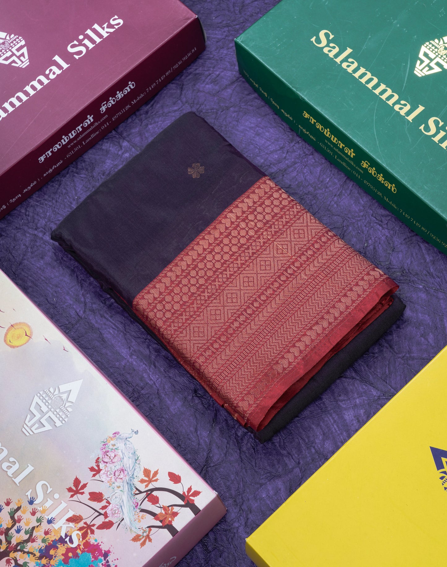 Dark Purple Semi Silk Saree With Contrast Reddish Pink Border