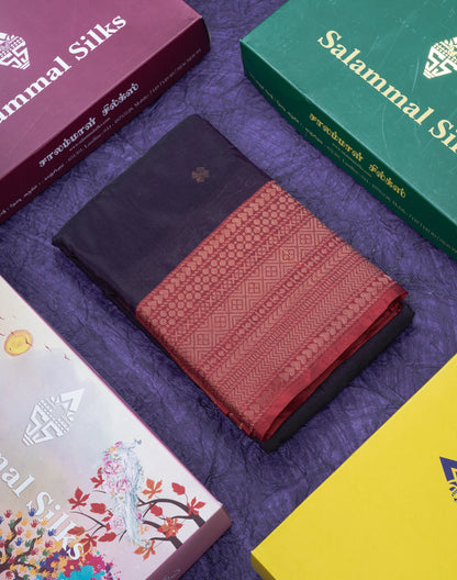 Dark Purple Semi Silk Saree With Contrast Reddish Pink Border