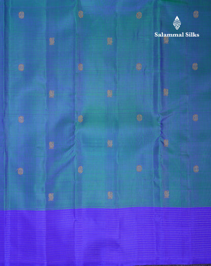 Beautiful Dual Tone Peacock Blue Mayil & Chakaram Buttas Pure Kanjivaram Silk Saree Pure Zari with Contrast Violet Traditional Border