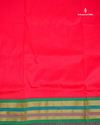 Semi Silk Saree - Chilly Red Colour Body Plain With Contrast Green Traditional Border | 10.5 Yards