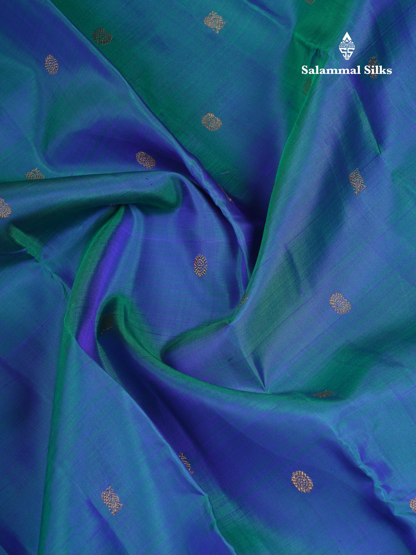 Beautiful Dual Tone Peacock Blue Mayil & Chakaram Buttas Pure Kanjivaram Silk Saree Pure Zari with Contrast Violet Traditional Border