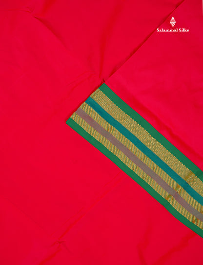 Semi Silk Saree - Chilly Red Colour Body Plain With Contrast Green Traditional Border | 10.5 Yards