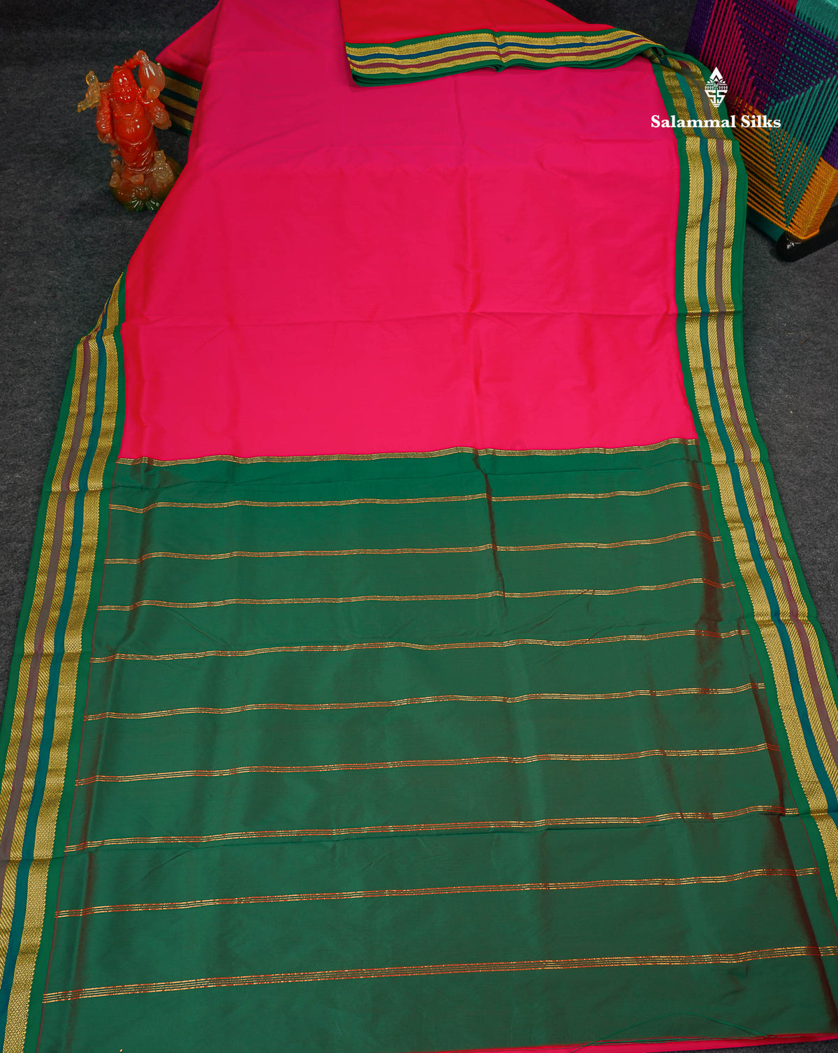 Semi Silk Saree - Pink Colour Body Plain With Contrast Green Traditional Border | 10.5 Yards
