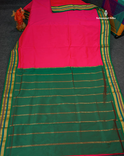Semi Silk Saree - Pink Colour Body Plain With Contrast Green Traditional Border | 10.5 Yards