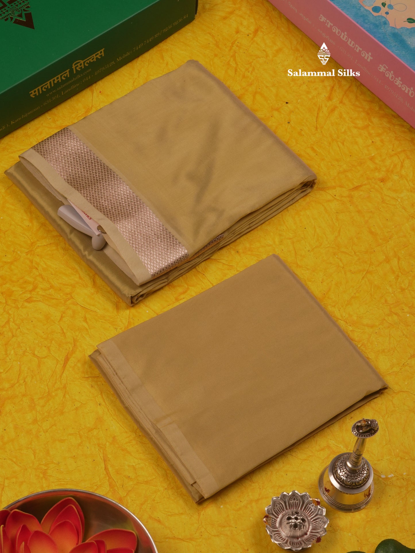 Golden Yellow Semi Silk Dhoti, Angavastram & Shirt (2.50M) with Copper Border