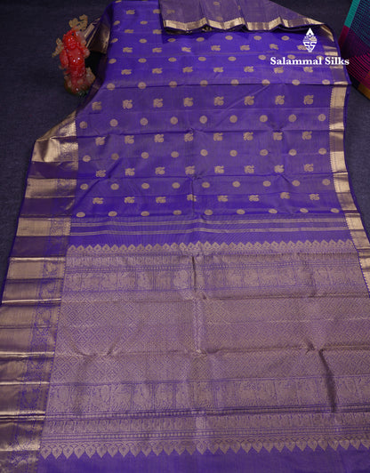 Beautiful Violet Vaira Oosi Mayil & Chakaram Buttas Pure Kanjivaram Silk Saree With Traditional Evening Morning Border
