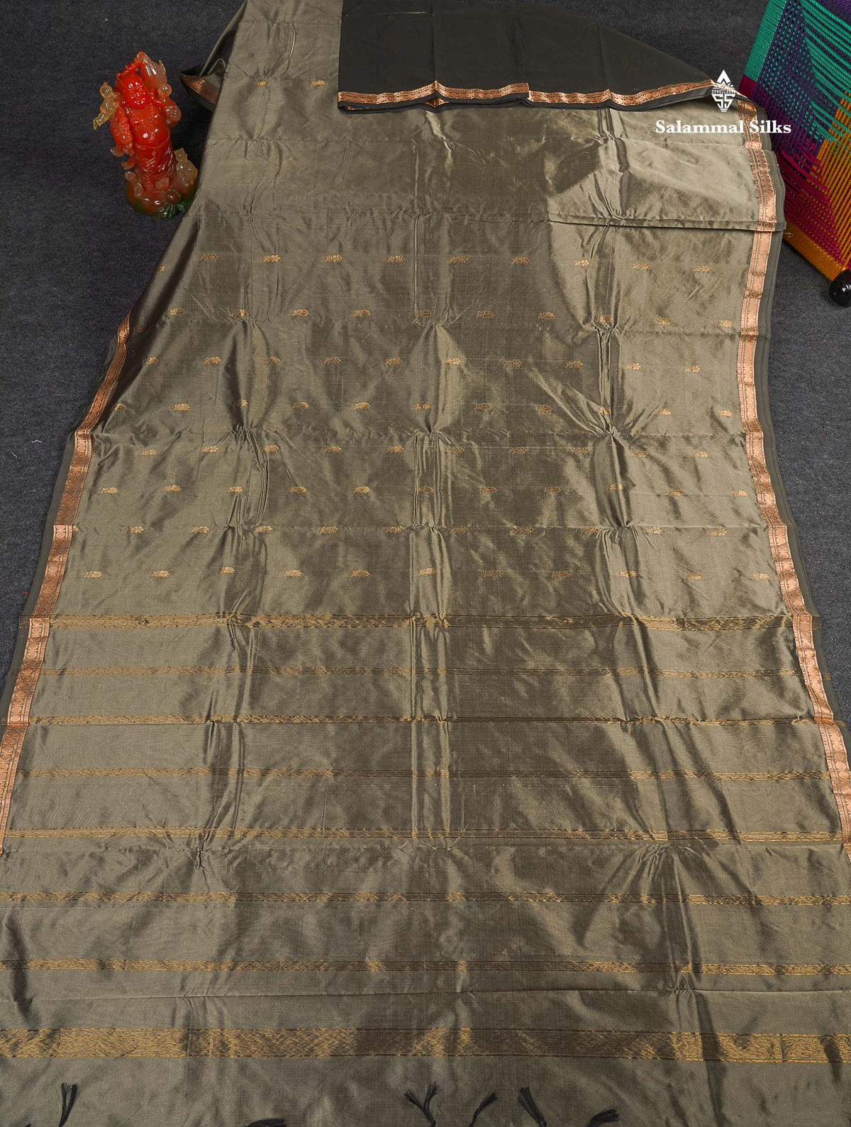Semi Silk Saree - Dual Tone Grey Colour Body Zari Butta With Traditional Small Border