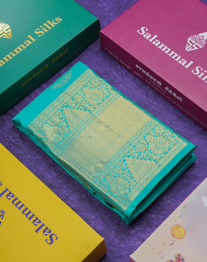 Beautiful Sea Green Pure Kanjivaram Silk Saree With Traditional Evening Morning Border