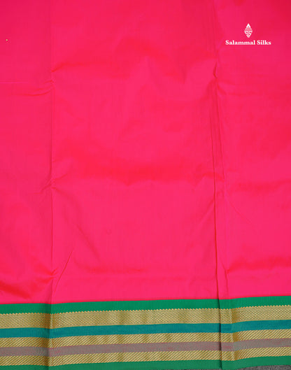 Semi Silk Saree - Pink Colour Body Plain With Contrast Green Traditional Border | 10.5 Yards