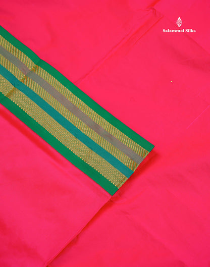Semi Silk Saree - Pink Colour Body Plain With Contrast Green Traditional Border | 10.5 Yards