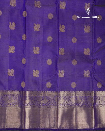 Beautiful Violet Vaira Oosi Mayil & Chakaram Buttas Pure Kanjivaram Silk Saree With Traditional Evening Morning Border