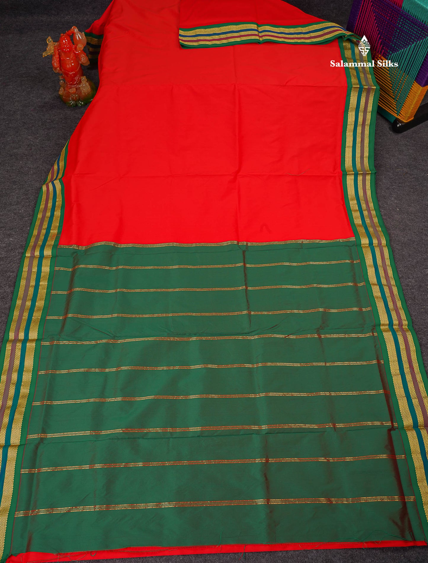 Semi Silk Saree - Chilly Red Colour Body Plain With Contrast Green Traditional Border | 10 Yards