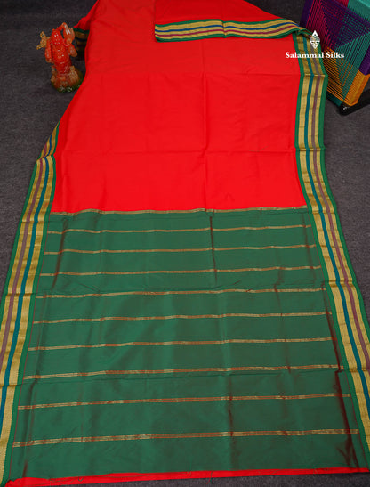 Semi Silk Saree - Chilly Red Colour Body Plain With Contrast Green Traditional Border | 10 Yards