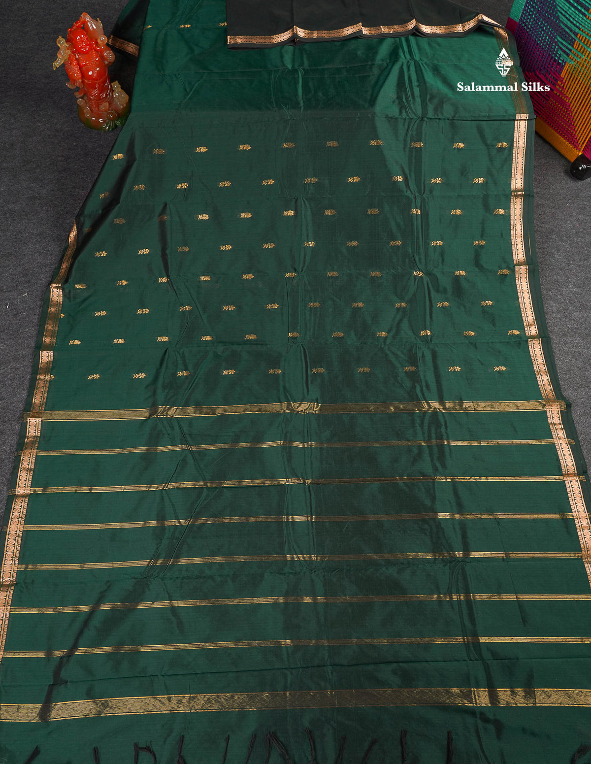 Semi Silk Saree - Bottle Green Colour Body Zari Butta With Traditional Small Border