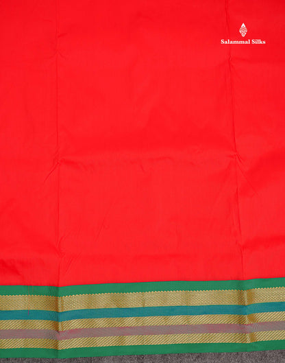 Semi Silk Saree - Chilly Red Colour Body Plain With Contrast Green Traditional Border | 10 Yards