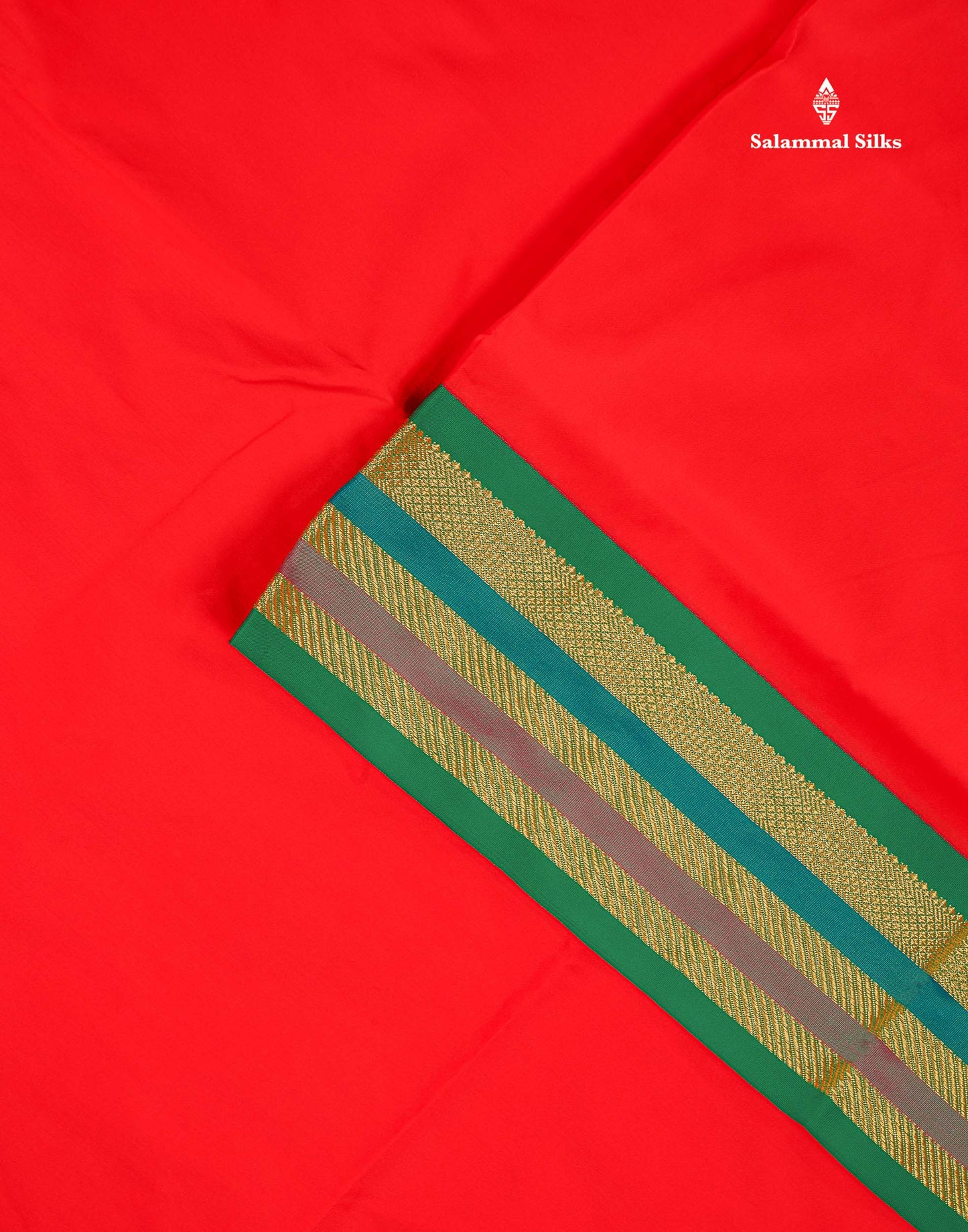 Semi Silk Saree - Chilly Red Colour Body Plain With Contrast Green Traditional Border | 10 Yards