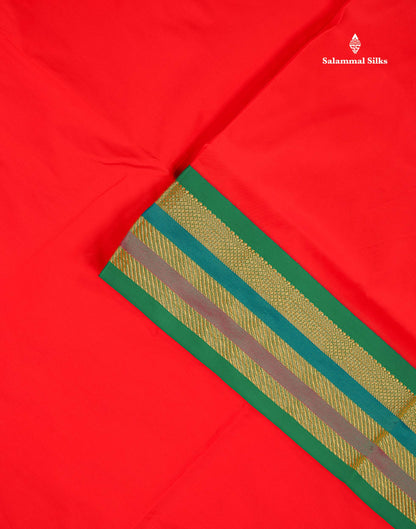 Semi Silk Saree - Chilly Red Colour Body Plain With Contrast Green Traditional Border | 10 Yards