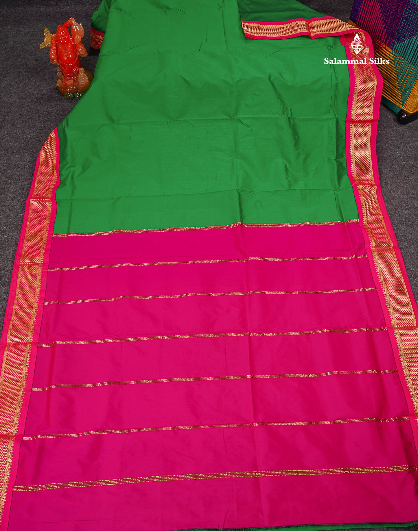 Semi Silk Saree - Green Colour Body Plain With Contrast Pink Border | 9 Yards