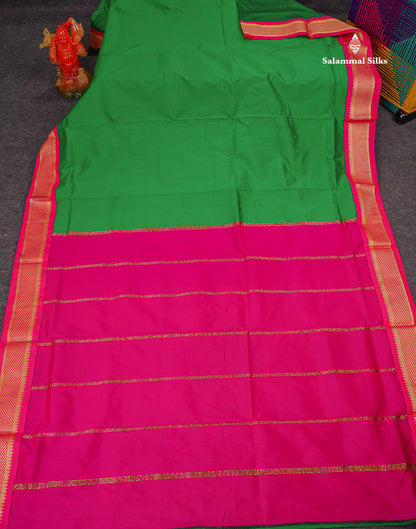 Semi Silk Saree - Green Colour Body Plain With Contrast Pink Border | 9 Yards