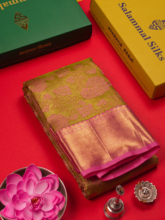 Kanjivaram Beautiful Manthulir Yellow Pure Silk Saree With Baby Pink Blouse