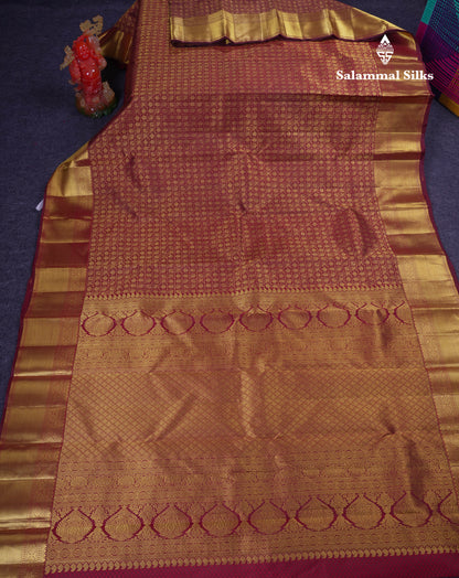 Beautiful Dark Maroon Checks With Traditional Buttas Bridal Pure Kanjivaram Silk Saree With Blouse