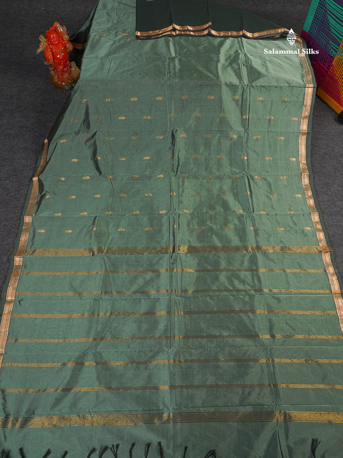 Semi Silk Saree - Dark Sage Green Colour Body Zari Butta With Traditional Small Border