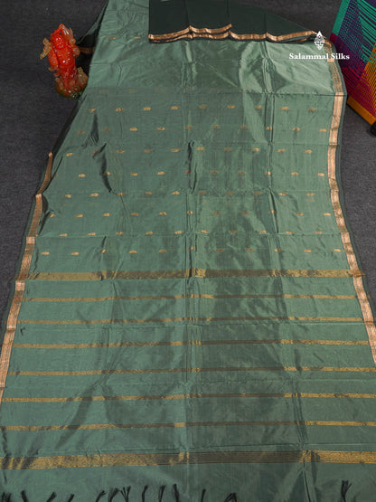 Semi Silk Saree - Dark Sage Green Colour Body Zari Butta With Traditional Small Border