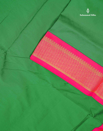 Semi Silk Saree - Green Colour Body Plain With Contrast Pink Border | 9 Yards