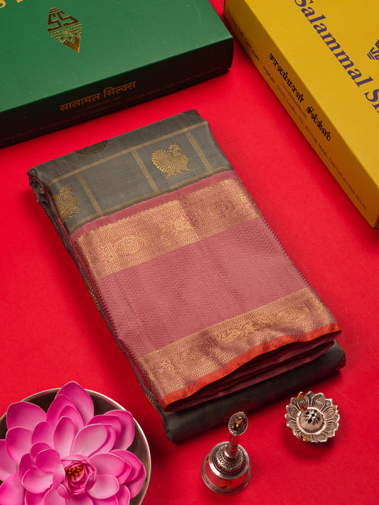 Kanjivaram Beautiful Grey Checks Mayil Chakkaram Traditional 3G Zari Pure Silk Saree With Baby Pink Border