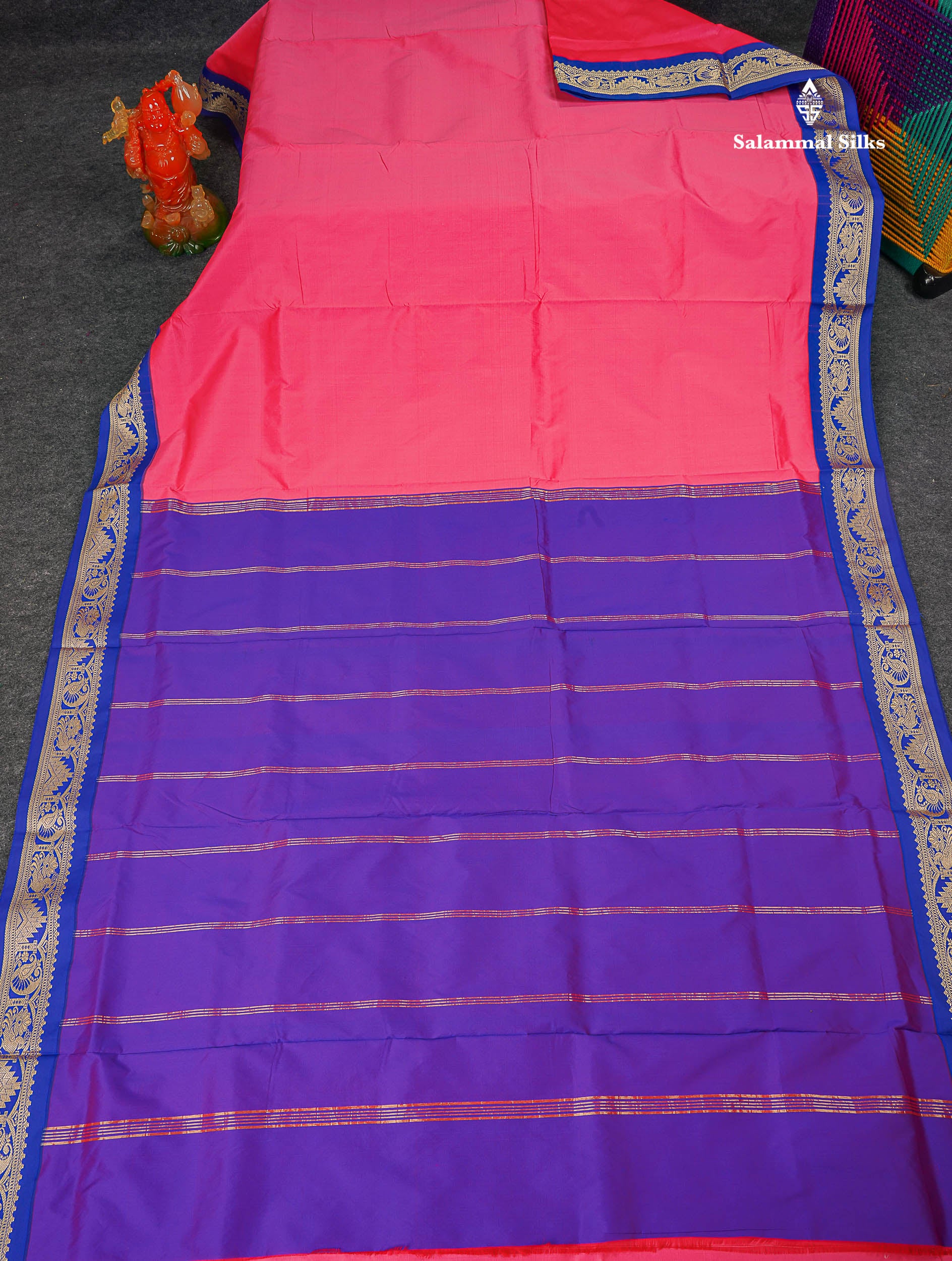 Semi Silk Saree - Pink Colour Body Plain With Contrast Blue Traditional Border | 9 Yards