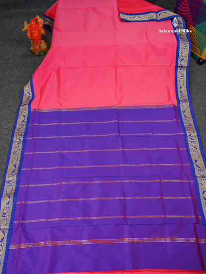 Semi Silk Saree - Pink Colour Body Plain With Contrast Blue Traditional Border | 9 Yards
