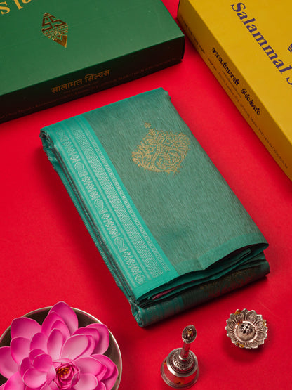 Kanjivaram Beautiful Sea Blue Body Stripe Buttas Pure Silk Saree With Baby Pink Blouse