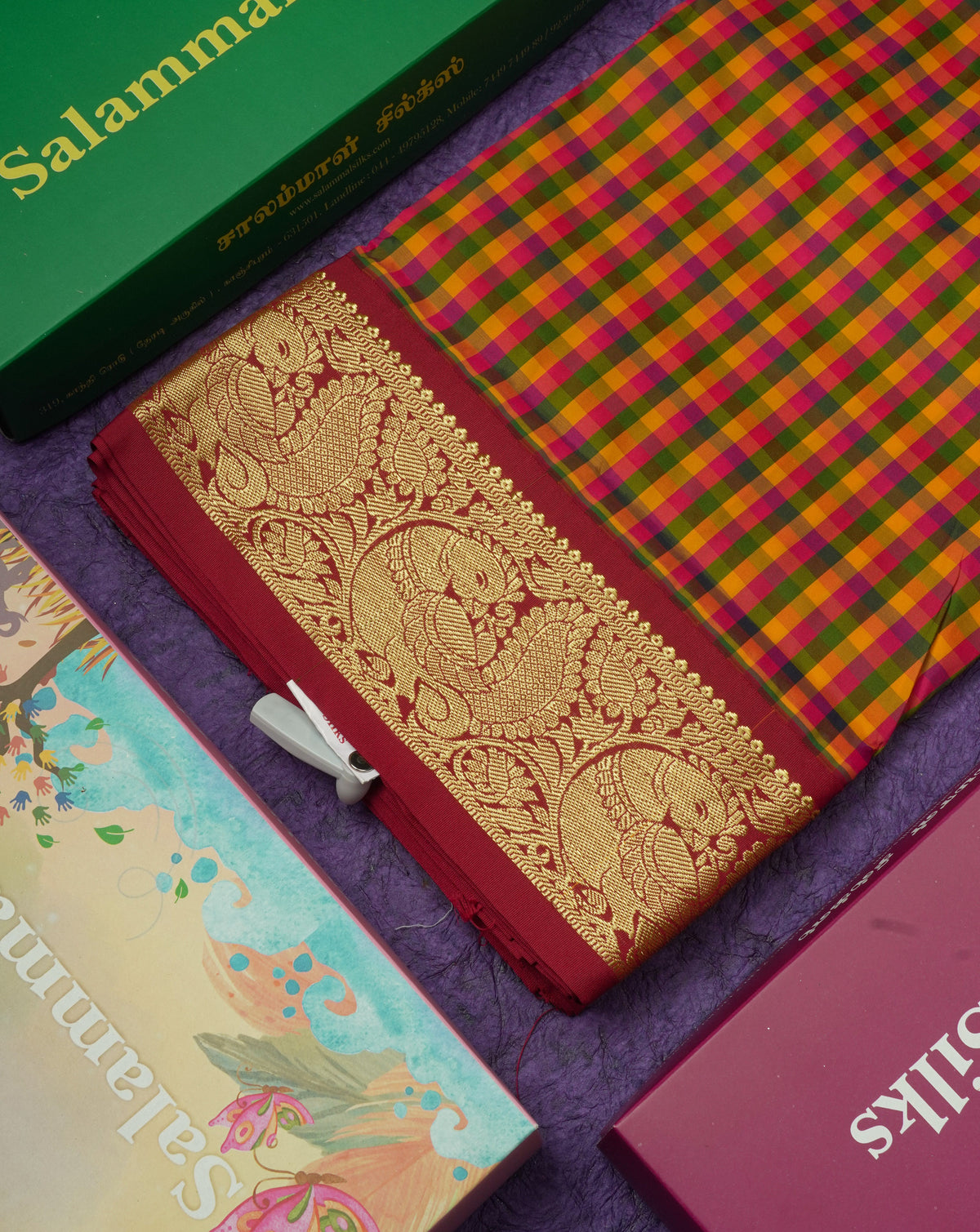 9.5 Yards Semi Silk Saree Multicolour Checks with Contrast Maroon Border