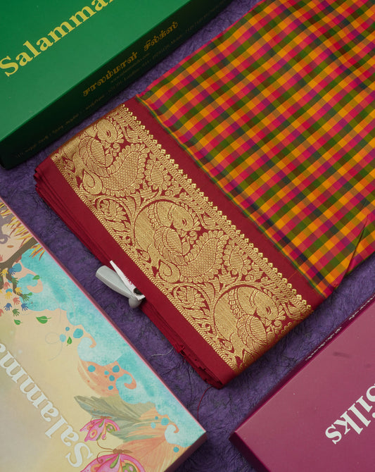 9.5 Yards Semi Silk Saree Multicolour Checks with Contrast Maroon Border