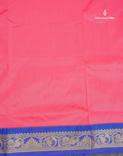 Semi Silk Saree - Pink Colour Body Plain With Contrast Blue Traditional Border | 9 Yards