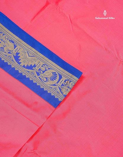 Semi Silk Saree - Pink Colour Body Plain With Contrast Blue Traditional Border | 9 Yards