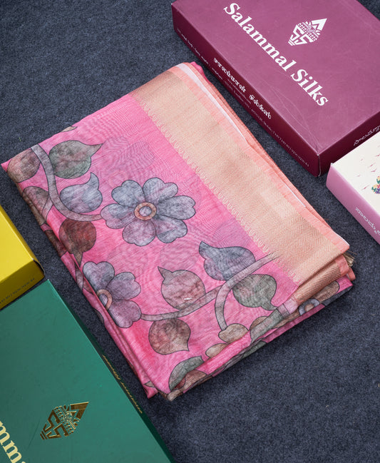 Pink Chanderi Mixed Cotton Saree With Contrast Orange Blouse