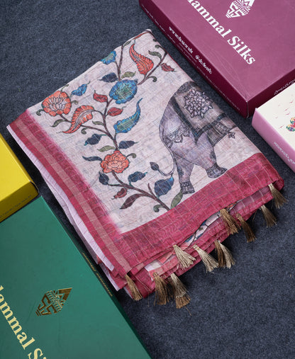 Multicolour Fancy Body Checks Cotton Mix Saree With Floral Kalamkari Blouse