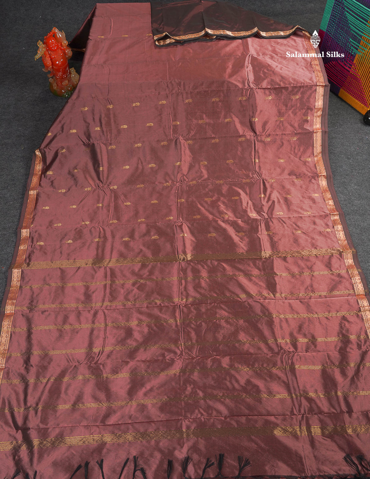 Semi Silk Saree - Chocolate Brown Colour Body Zari Butta With Traditional Small Border