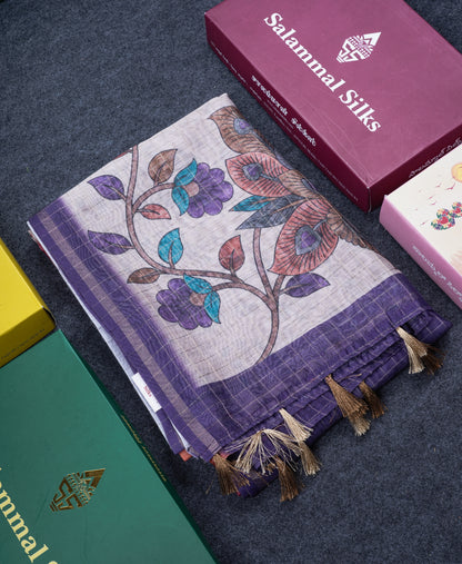 Multicolour Fancy Body Checks Cotton Mix Saree With Floral Kalamkari Blouse