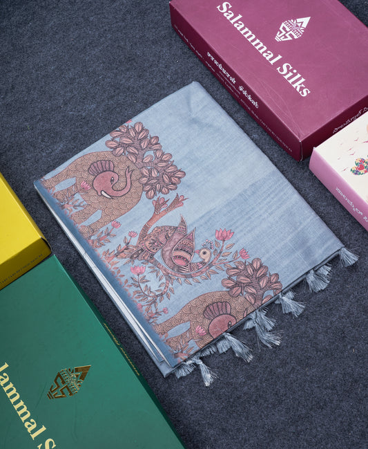 Grey Semi Tussar Fancy Saree With Floral Print Blouse