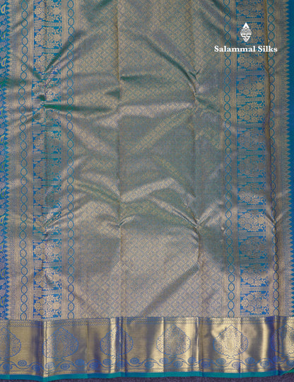 Beautiful Dual Tone Peacock Blue Menakari Work Bridal Pure Kanjivaram Silk Saree With Traditional Border