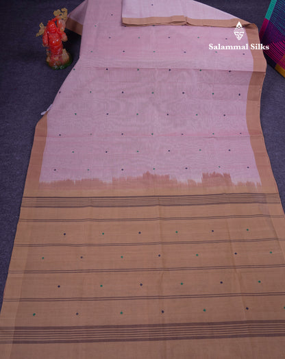 Beautiful Onion Pink Thread Work Butta Handloom Pure Cotton Saree With Contrast Sandal Blouse