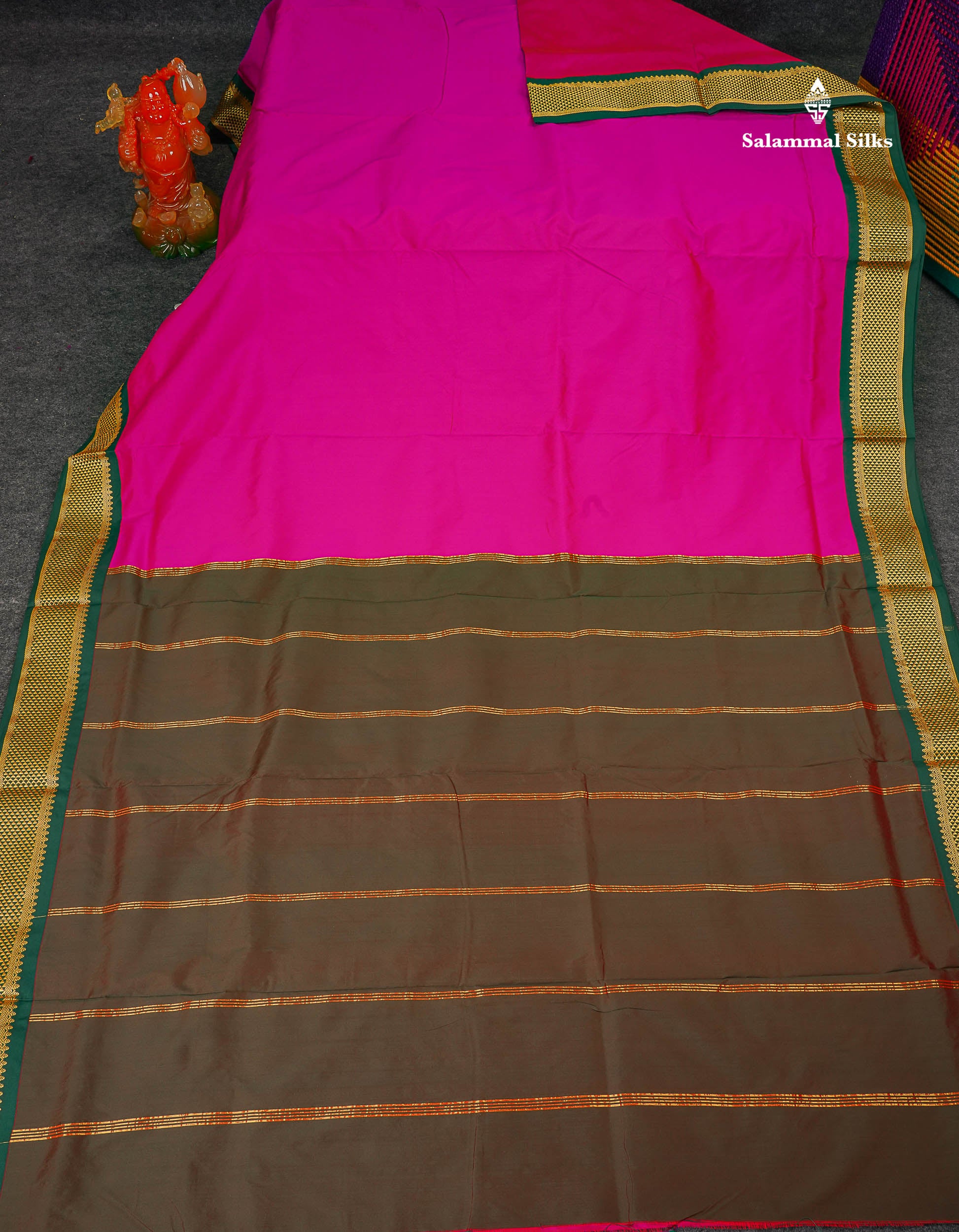 Semi Silk Saree - Rani Pink Colour Body Plain With Contrast Bottle Green Border | 9 Yards