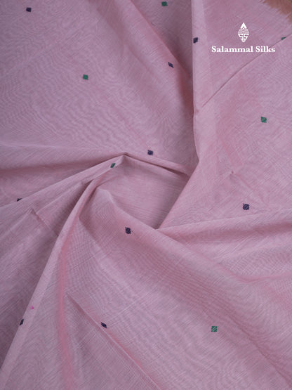 Beautiful Onion Pink Thread Work Butta Handloom Pure Cotton Saree With Contrast Sandal Blouse