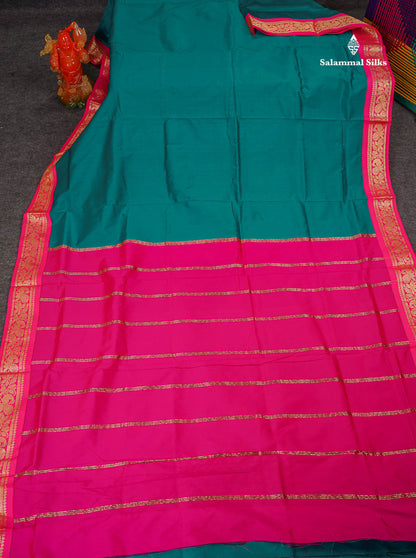 Semi Silk Saree - Peacock Blue Colour Body Plain With Contrast Pink Border | 9 Yards